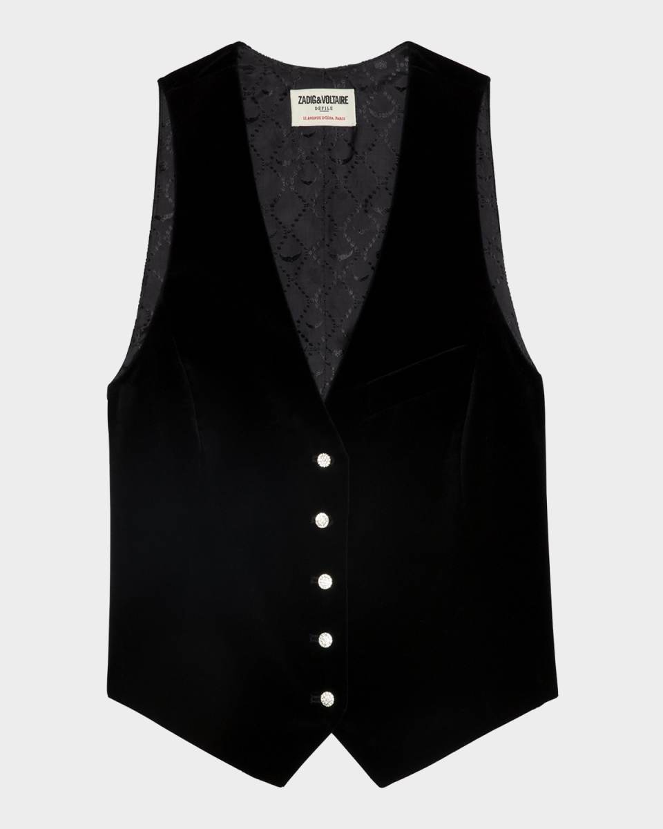 Emaux Velvet Embellished Button-Front Vest